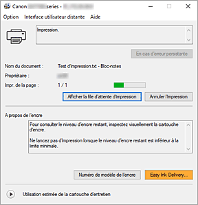figure&nbsp;: Écran d'état d'imprimante Canon IJ