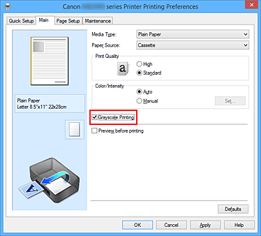 фигура: Квадратче за отметка „Grayscale Printing” в раздела „Main”