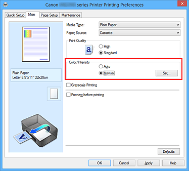 pav.: Spalvos / intensyvumo parinkties nuostatos &bdquo;Rankiniu būdu&ldquo; pasirinkimas pagrindinių parametrų skirtuke