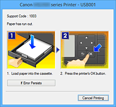 figura:Afişajul de erori de la Canon IJ Status Monitor