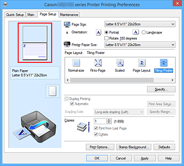 figure:Settings preview displayed on the Page Setup tab