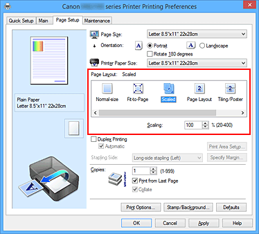 figure:Select Scaled for Page Layout on the Page Setup tab