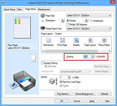 figure:Scaling on the Page Setup tab