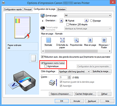 figure : Case à cocher Impression recto/verso dans l'onglet Configuration de la page