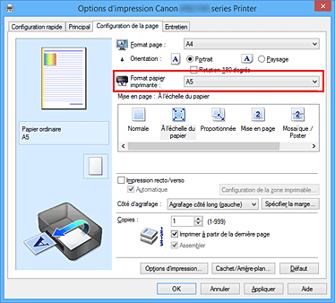 figure : Format papier imprimante dans l'onglet Configuration de la page