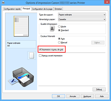 figure : Case à cocher Impression niveau de gris dans l'onglet Principal