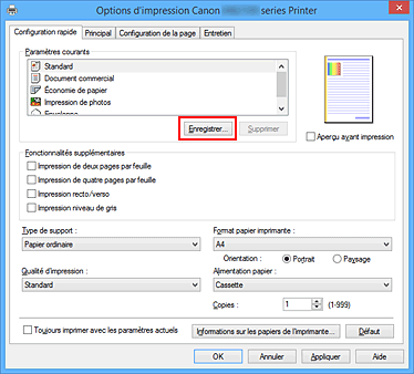 figure : Enregistrer... dans l'onglet Configuration rapide