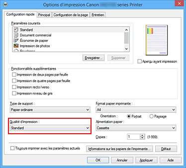 figure : Qualité d'impression dans l'onglet Configuration rapide