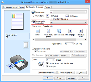 figure : Format papier imprimante dans l'onglet Configuration de la page