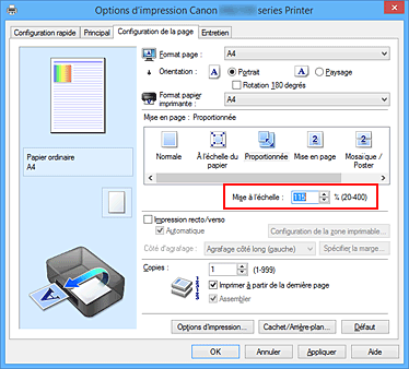figure : Mise à l'échelle dans l'onglet Configuration de la page