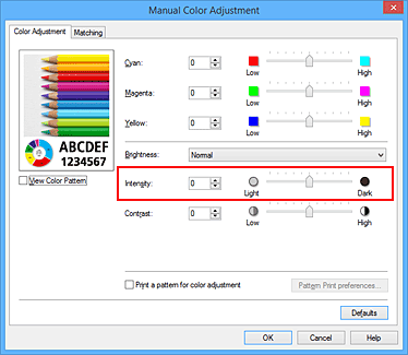 figure:Intensity in the Manual Color Adjustment dialog box