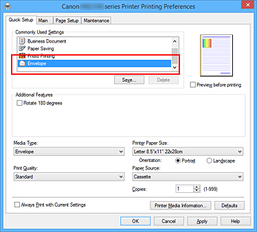 figure:Select Envelope from Commonly Used Settings on the Quick Setup tab