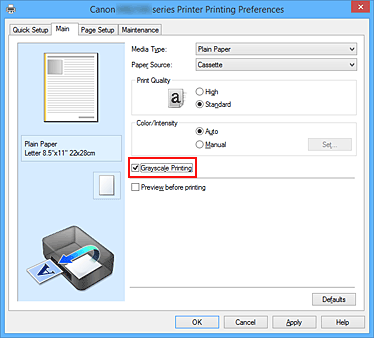 figure:Grayscale Printing check box on the Main tab