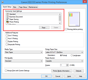 figure:Commonly Used Settings on the Quick Setup tab