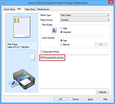 slika: potrditveno polje Preview before printing na kartici Main