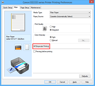 фигура: Квадратче за отметка „Grayscale Printing” в раздела „Main”