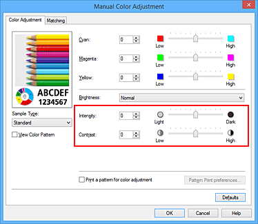 figure:Intensity/contrast on the Manual Color Adjustment dialog box