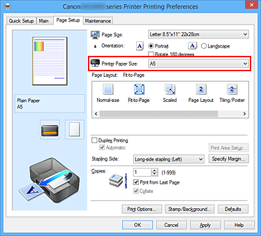 figure:Printer Paper Size on the Page Setup tab