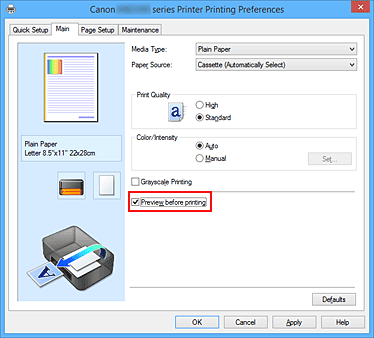 figure:Preview before printing check box on the Main tab