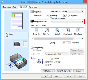 figure:Printer Paper Size on the Page Setup tab