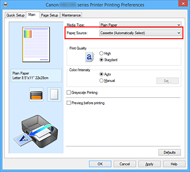 attēls: saraksts Papīra avots cilnē Galvenie iestatījumi
