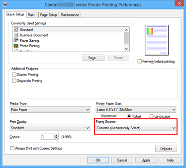 slika: možnost Vir papirja na kartici Hitra nastavitev