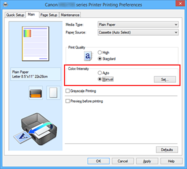 εικόνα:Επιλογή Μη αυτόματα για το Χρώμα/Ένταση στην καρτέλα Κύριες ρυθμίσεις