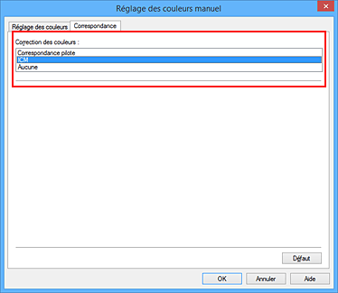 figure : Sélectionnez ICM pour Correction des couleurs dans la boîte de dialogue Réglage des couleurs manuel.