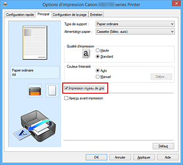 figure : Case à cocher Impression niveau de gris dans l'onglet Principal