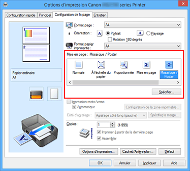 figure : Sélectionnez Mosaïque/Poster comme Mise en page dans l'onglet Configuration de la page.