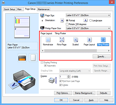 figura:Selectaţi Tiling/Poster pentru Page Layout din fila Page Setup