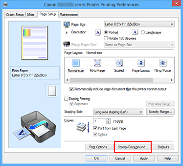 фигура: „Stamp/Background...” в раздела „Page Setup”