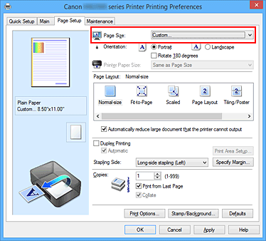 фигура: Избиране на Custom за „Page Size” в раздела „Page Setup”