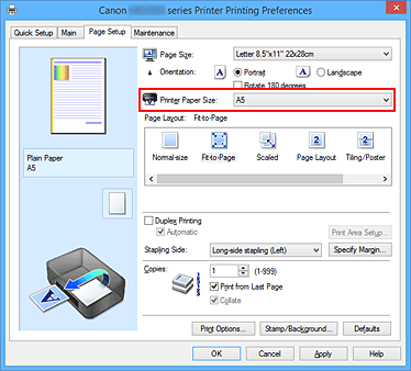 figure:Printer Paper Size on the Page Setup tab