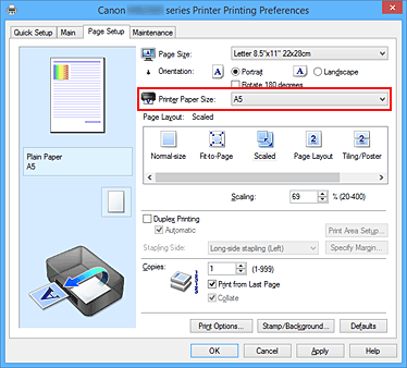 figure:Printer Paper Size on the Page Setup tab