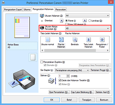 gambar: Ukuran Kertas Pencetak pada tab Pengesetan Halaman