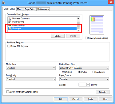 figura:Selectaţi Envelope de la Commonly Used Settings din fila Quick Setup