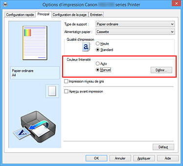 figure : Sélectionnez Manuel pour Couleur/Intensité dans l'onglet Principal.