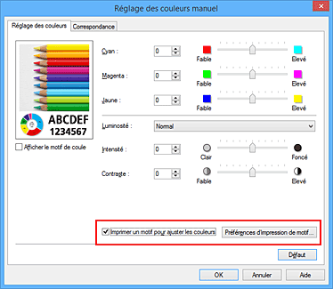 figure : Sélectionnez Imprimer un motif pour ajuster les couleurs dans l'onglet Réglage des couleurs.