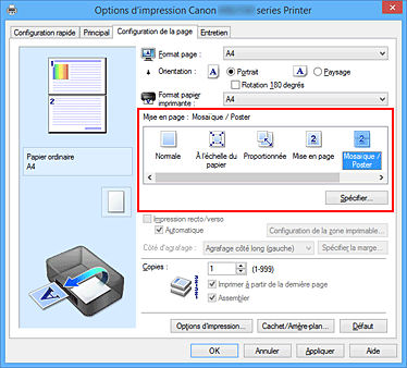 figure : Sélectionnez Mosaïque/Poster comme Mise en page dans l'onglet Configuration de la page.