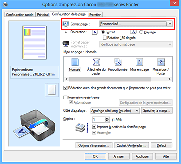 figure : Sélectionnez Personnalisé pour Format page dans l'onglet Configuration de la page.