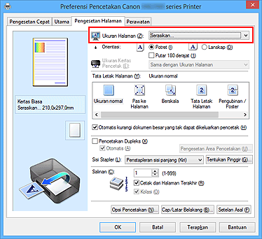 gambar: Pilih Kustom untuk Ukuran Halaman pada tab Pengesetan Halaman