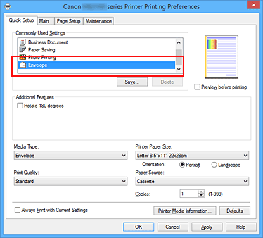 afbeelding: selecteer Envelop bij Veelgebruikte instellingen op het tabblad Snel instellen