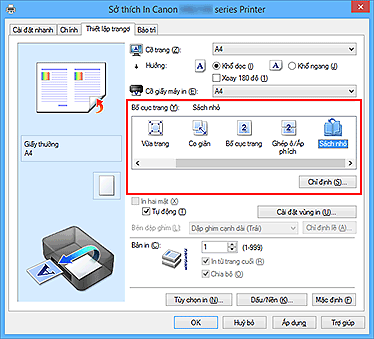 hình: Chọn Sách nhỏ cho Bố cục trang trên tab Thiết lập trang