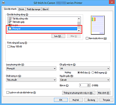 hình: Chọn Phong bì từ Cài đặt thường dùng trên tab Cài đặt nhanh