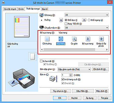 hình: Chọn Vừa trang cho Bố cục trang trên tab Thiết lập trang