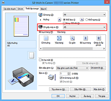 hình: Cỡ giấy máy in trên tab Thiết lập trang