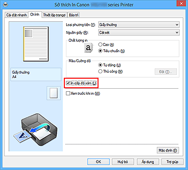 hình: Hộp kiểm In cấp độ xám trên tab Chính
