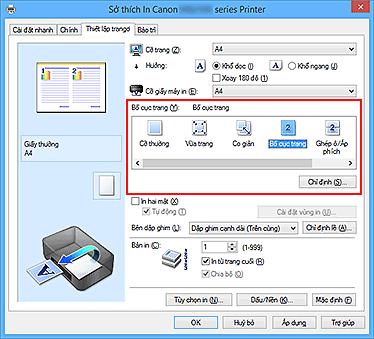 hình: Chọn Bố cục trang cho Bố cục trang trên tab Thiết lập trang
