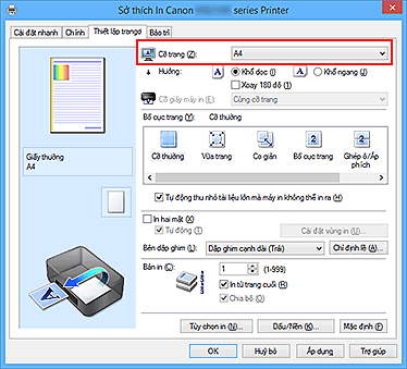 hình: Cỡ trang trên tab Thiết lập trang